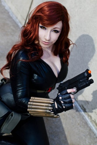 sexy black widow cosplayer