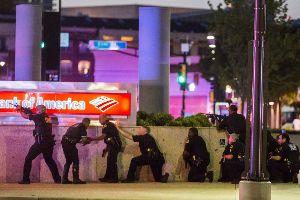 Dallas Police respond after shots were fired at a Black Lives Matter rally in downtown Dallas on Thursday, July 7, 2016. Dallas protestors rallied in the aftermath of the killing of Alton Sterling by police officers in Baton Rouge, La. and Philando Castile, who was killed by police less than 48 hours later in Minnesota. (Smiley N. Pool/The Dallas Morning News)