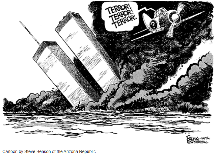 “Terror! Terror! Terror!” 9/11 political cartoon resembling a